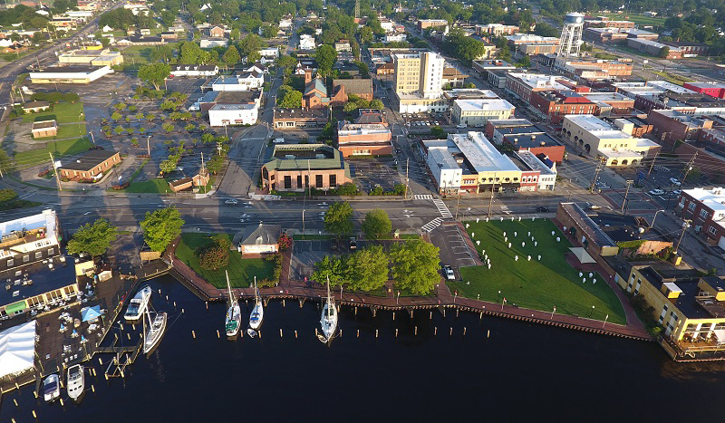 Aerial Elizabeth City Shoreline buildings and boats