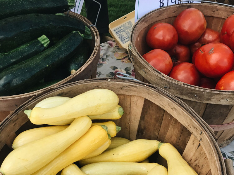 baskets of tomatoes, zucchini, and squash at Downtown Waterfront Market