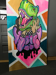 geometric colorful painting of woman with dinosaur head