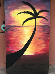 painting of palm tree and water at sunset