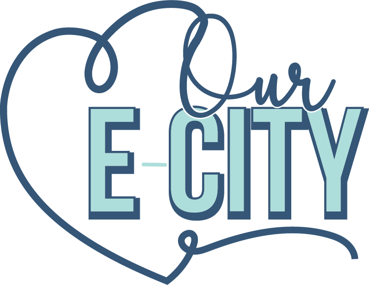 two tone blue logo, our e-city