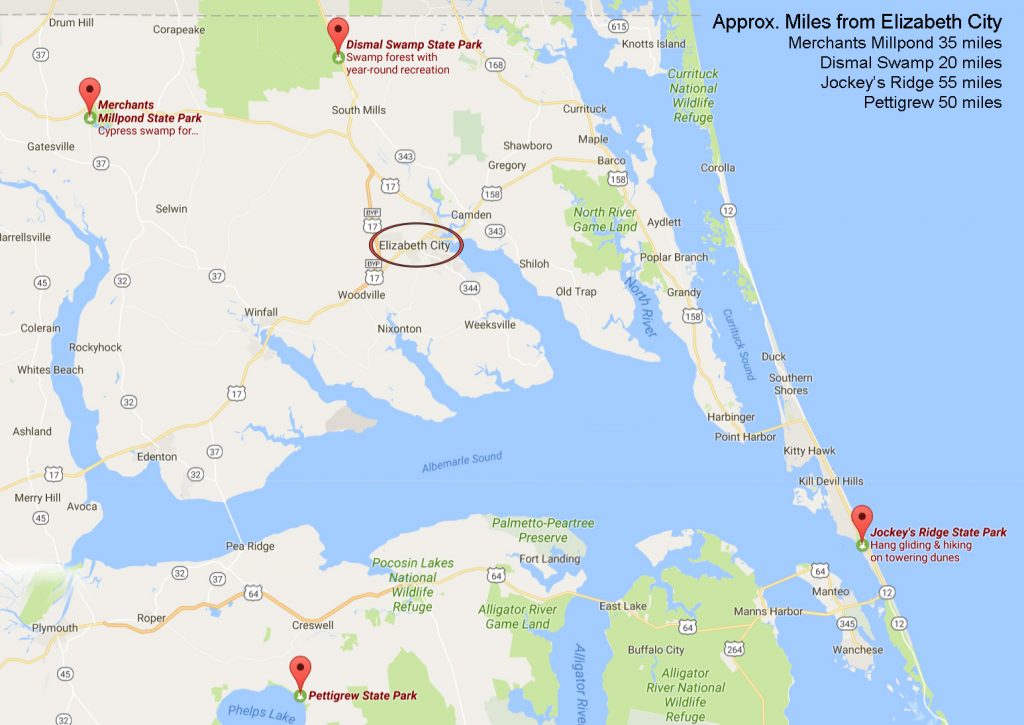 map of all five state parks surrounding elizabeth city